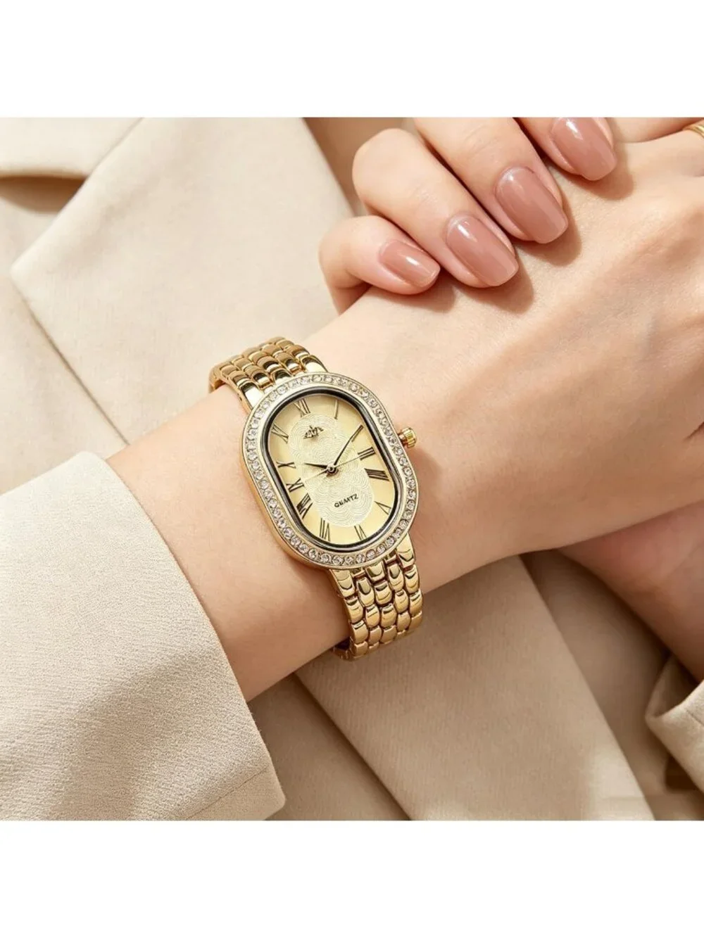 Women's Gold Oval Metal Rhinestones Case Adjustable Stainless Steel Watches